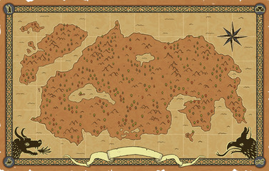 Large vector fantasy map with trees, mountains, a compass rose, an ornate frame with icons (magician, catapult, mounted knight, castle), a scroll banner, a dragon head and a chimera head. © Fantasy Maps