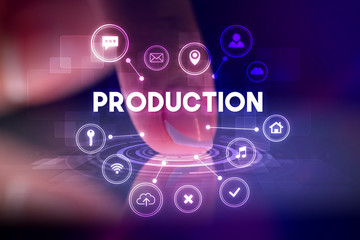 Finger touching tablet with web technology icons and PRODUCTION inscription, web technology concept