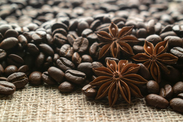 Coffee beans, aromatic coffee with anise spices