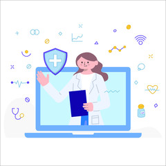 Vector Illustration Flat Style Online Medical Consultation Doctor Meeting Laptop