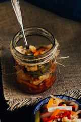Pickled Vegetables, vinegar, carrot, onion, cauliflower, pods and sweet pepper.
