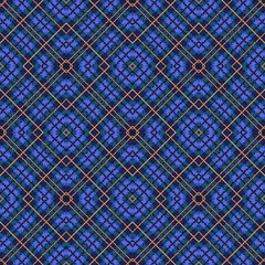 Tartan embroidery colorful vector seamless pattern. Stitching striped textured plaid background. Tapestry repeat grunge backdrop. Embroidered stripes, borders, zigzag, lines, geometric shapes, frames