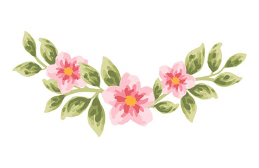 Beautiful and vintage hand drawn flower wreath element. Pink dog-rose flower and green leaf arrangement for wedding invitation or greeting card 