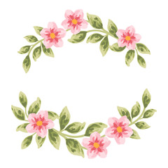 Beautiful and vintage hand drawn dog-rose flower wreath element. Pink dog-rose flower and green leaf arrangement for wedding invitation or greeting card 