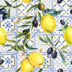 Behang Aquarel fruit Aquarel citroen, olijftakken ornament naadloos patroon