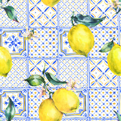 Watercolor lemon seamless pattern, Vintage summer wallpaper. - 333805542