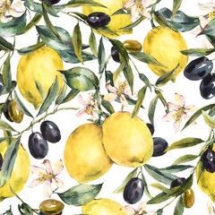 Watercolor lemon and olive branches seamless pattern
