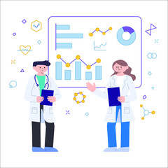 Vector Illustration Flat Style Medical Scientists Doing Research Analysis and Investigation on a Screen with Graphs