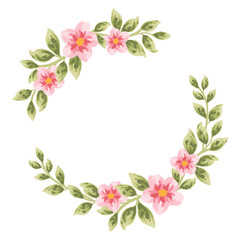 Beautiful and vintage hand drawn dog-rose flower wreath element. Pink dog-rose flower and green leaf arrangement for wedding invitation or greeting card 