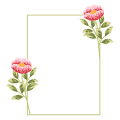 Beautiful and vintage hand drawn peony flower frame. Red peony and green leaf arrangement for wedding invitation or greeting card