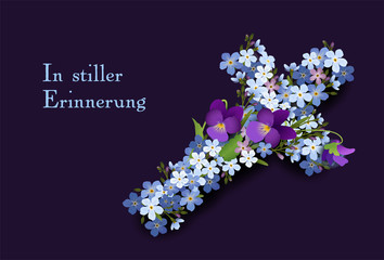 Kreuz aus Veilchen und Vergissmeinnicht Blumen, Beileids-Karte „In stiller Trauer“,   Vektor Illustration isoliert auf weißem Hintergrund