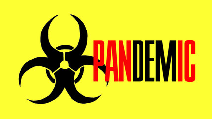 Hand drawn black bio-hazard symbol, against a yellow background with the word pandemic with panic in red. Coronavirus or Covid-19 panic.