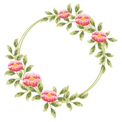 Beautiful and vintage hand drawn flower wreath element. Red peony and green leaf arrangement for wedding invitation or greeting card, isolated on white background 