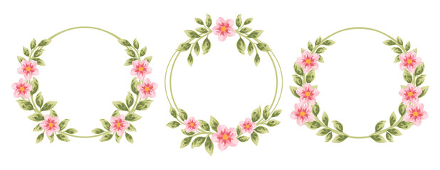 Beautiful and vintage hand drawn sakura and dog-rose flower wreath set. Pink dog-rose flower and green leaf arrangement for wedding invitation or greeting card 