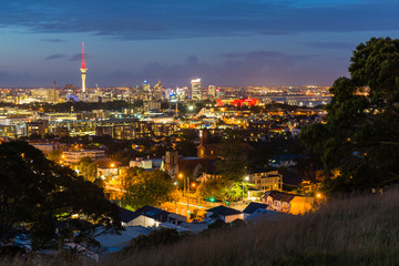 ニュージーランド　オークランドのマウント・ホブソンから見えるスカイタワーと夜景