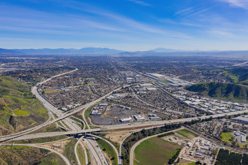 Aerial view of highway and cityscape of Pomona