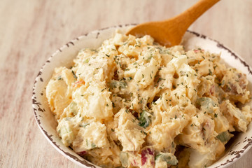 Potato Salad In Rustic Bowl Close Up