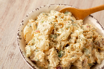 Close Up Potato Salad In Rustic Bowl With Wood Spoon