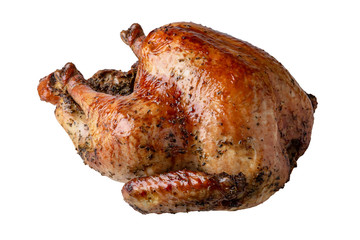 Organic whole young roast Turkey with a crispy crust. Isolated on a white background.