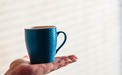 Cups. Color cup standing on palm. Blurred background. The sun is shining on the cup.