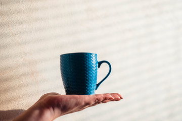 Cups. Color cup standing on palm. Blurred background. The sun is shining on the cup.