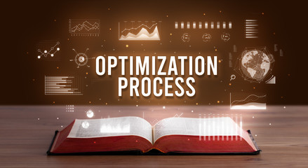 OPTIMIZATION PROCESS inscription coming out from an open book, creative business concept