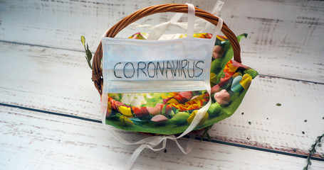 Easter basket with a protective mask with the word coronavirus on it