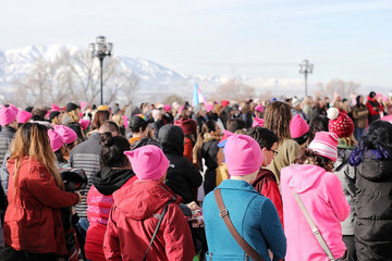Crowd of people wearing Womens Rights Hats
