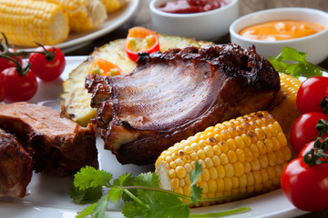 Plated Grilled Pork Ribs and Corn