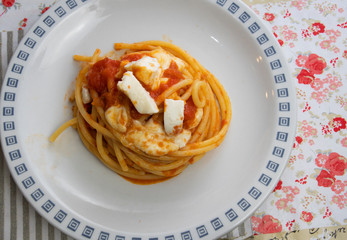 Bucatini pasta alla Sorrentina, with tomato and mozzarella