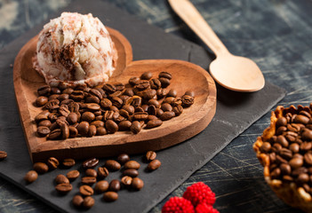 Scoop of coffee ice cream in the heart-shaped bowl - Coffea