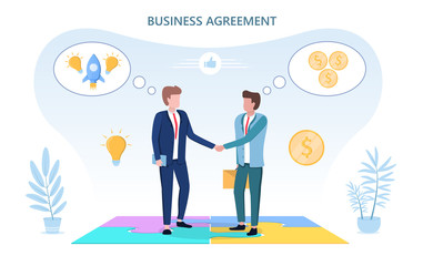Illustrated business agreement concept showing men shaking hands and their thoughts. Vector illustration