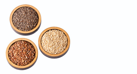 Obraz na płótnie Canvas Quinoa, flaxseed and chia - Organic seeds. Superfoods