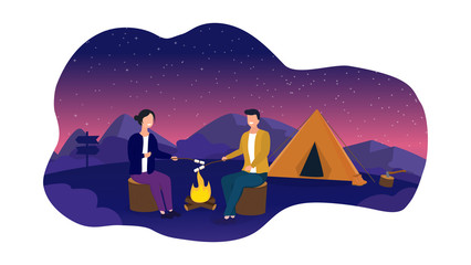 Vector Illustration of couple cooking marshmallows over fire while camping under starry night sky.