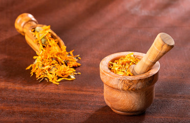 Organic Calendula Petals in mortar - Calendula officinalis