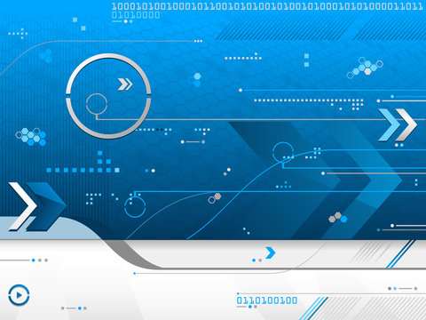 Blue and white abstract futuristic background with hexagons, patterns, arrows, circles, dots, flowing lines, binary code. Can represent technology, computers, coding, the future, the Internet, the Web