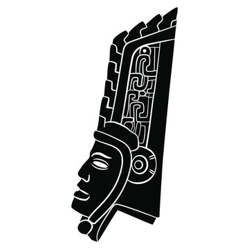 Isolated vector illustration. Stylized human head in profile. Pre Columbian Mexican art. Totonac Indians. Native American culture. Black and white silhouette.