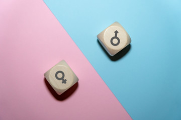 Two Dice showing a male and female symbol illustrating gender equality 