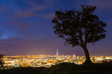ニュージーランド　オークランドのマウント・エデンからの夜景とライトアップされたスカイタワー