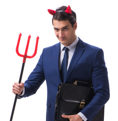 Evil devil businessman with pitchfork isolated on white backgrou