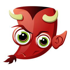 Cartoon red devil head with mean googly eyes, a beard, pointy ears and small horns. Isolated on white.