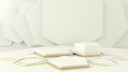 3D rendering white  podium geometry with gold elements. Abstract geometric shape blank podium. Minimal scene square step floor abstract composition. Empty showcase, pedestal platform display