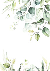 Watercolor floral frame / border with green leaves and branches, for wedding stationary, greetings, wallpapers, fashion, background. Eucalyptus, olive, green leaves.