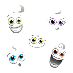 Vector set of happy, surprised or excited cartoon faces with bright green, purple, orange, blue or yellow eyes. Isolated on white.