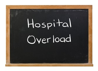 Fototapeta premium Hospital Overload written in white chalk on a black chalkboard isolated on white