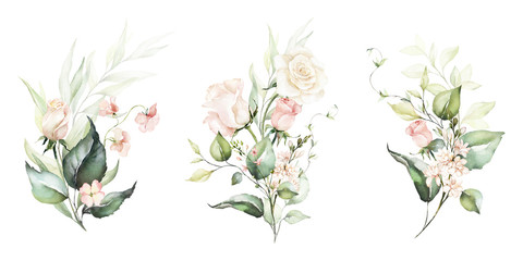 Watercolor floral illustration set - flower and green leaf branches bouquets collection, for wedding stationary, greetings, wallpapers, fashion, background. Eucalyptus, olive, green leaves, etc.