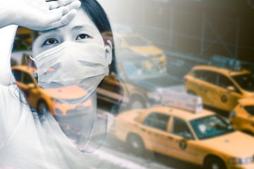 Double explosive images of masked woman with New York street on bacground