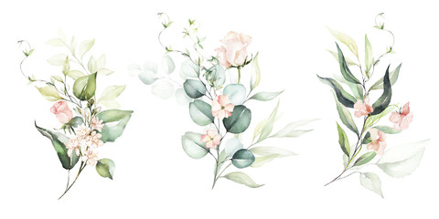 Watercolor floral illustration set - flower and green leaf branches bouquets collection, for wedding stationary, greetings, wallpapers, fashion, background. Eucalyptus, olive, green leaves, etc.