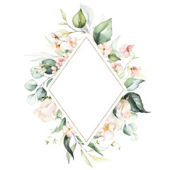 Watercolor floral frame / wreath - flowers, leaves and branches with gold geometric shape, for wedding invites, greeting cards, wallpapers, fashion, background. Eucalyptus, pink roses, green leaves.