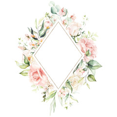 Watercolor floral frame / wreath - flowers, leaves and branches with gold geometric shape, for wedding invites, greeting cards, wallpapers, fashion, background. Eucalyptus, pink roses, green leaves.